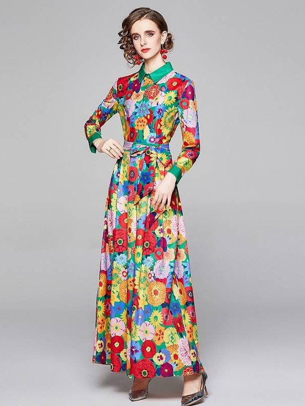 Floral Long Sleeve Vintage Print Long Dress in Dresses