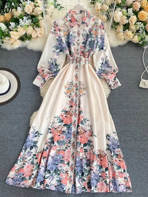 Floral Print Turn Down Collar Single Breasted High Waist A Line With Belt Dress - Dresses - Uniqistic.com