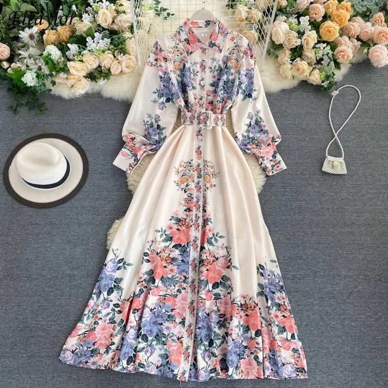 Floral Print Turn Down Collar Single Breasted High Waist A Line With Belt Dress in Dresses