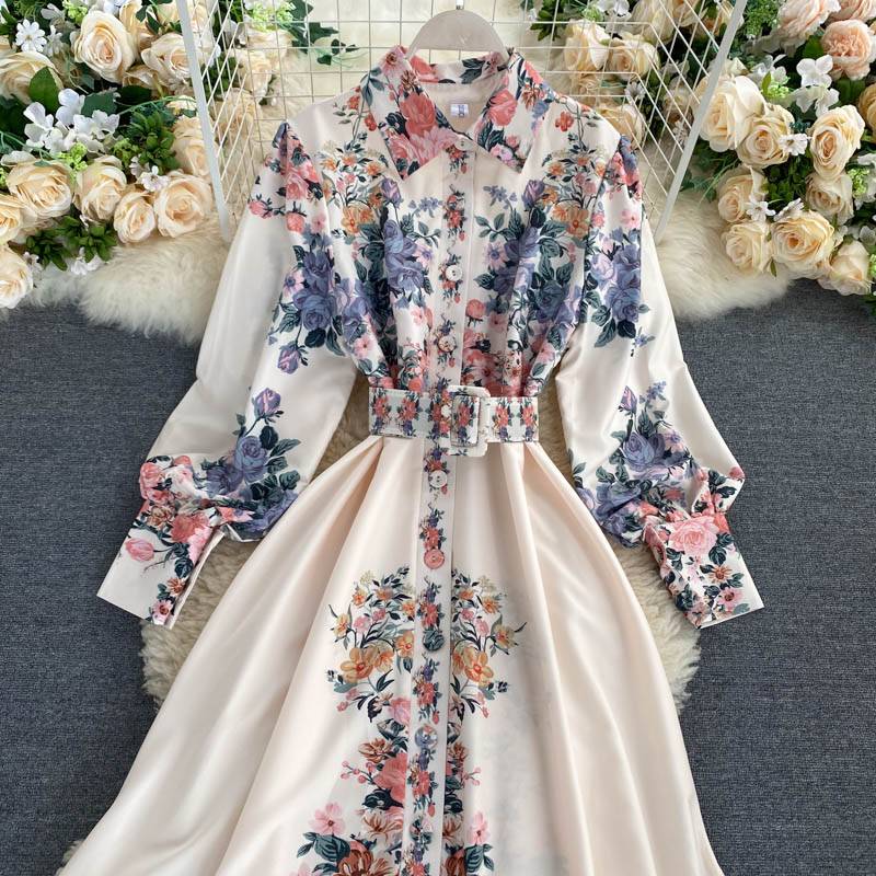 Floral Print Turn Down Collar Single Breasted High Waist A Line With Belt Dress in Dresses
