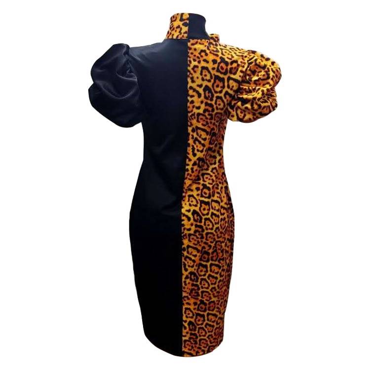 Patchwork Leopard With Bowtie Short Lanten Sleeves Office Dress - Dresses - Uniqistic.com