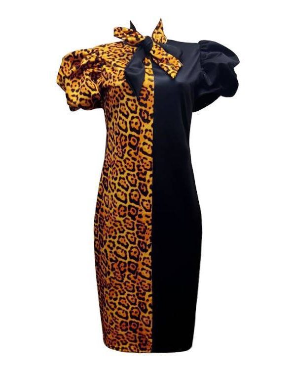 Patchwork Leopard With Bowtie Short Lanten Sleeves Office Dress in Dresses