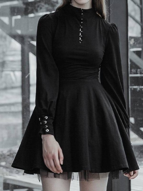 Gothic Long Sleeve Lace Up Lantern Sleeve High Waist Dress in Dresses