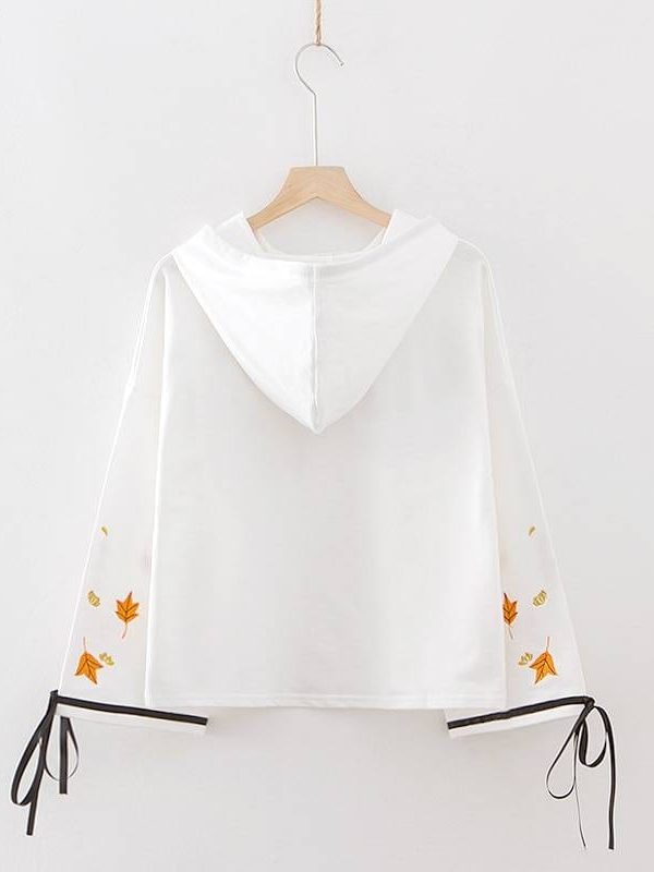 Floral Embroidery Long Sleeve White Hooded Sweatshirt in Hoodies & Sweatshirts