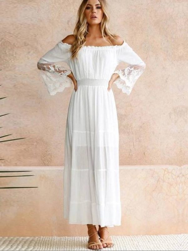 White Off The Shoulder Lace Beach Boho Sundress in Bohemian White Beach Dress