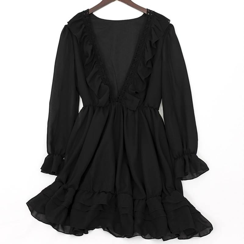 Long Sleeve Ruffle Deep V Neck Lace Chiffon Mini Dress - Dresses - Uniqistic.com