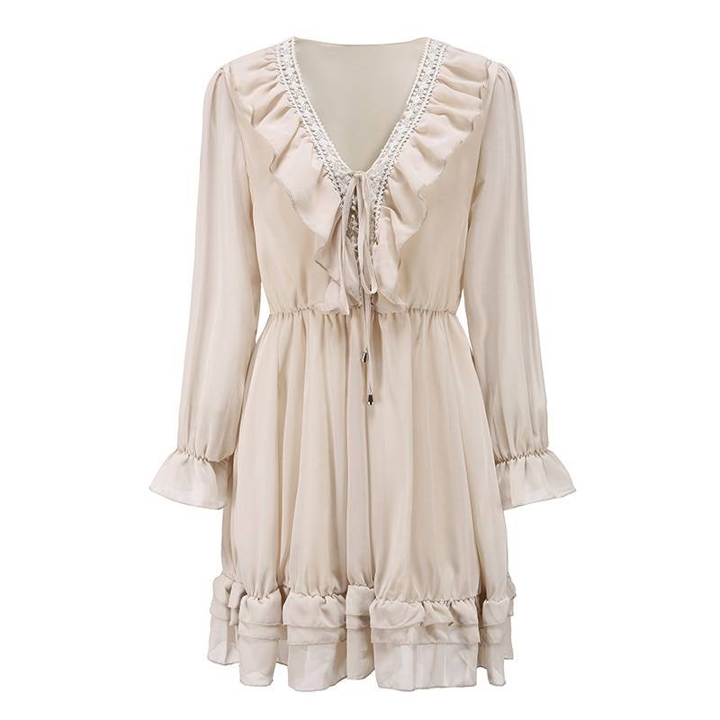 Long Sleeve Ruffle Deep V Neck Lace Chiffon Mini Dress | Uniqistic.com
