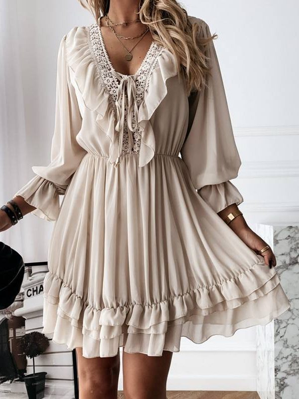Long Sleeve Ruffle Deep V Neck Lace Chiffon Mini Dress - Dresses - Uniqistic.com