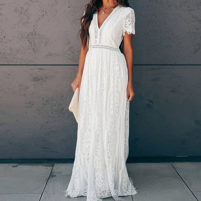 Vintage Short Sleeve White Lace Long Tunic Beach Dress - Dresses - Uniqistic.com