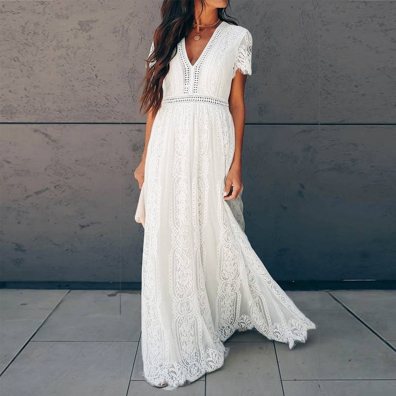 Vintage Short Sleeve White Lace Long Tunic Beach Dress in Dresses