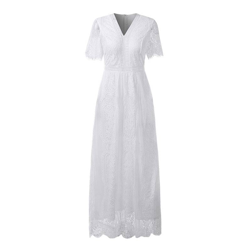 Vintage Short Sleeve White Lace Long Tunic Beach Dress - Dresses - Uniqistic.com