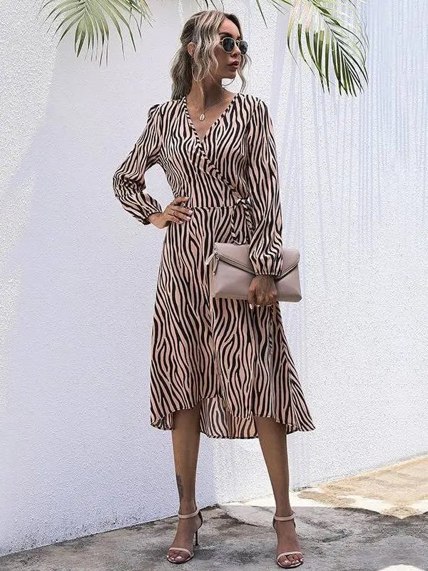 Wrap Long Sleeve Zebra Stripes Office Elegant Midi Dress - Dresses - Uniqistic.com
