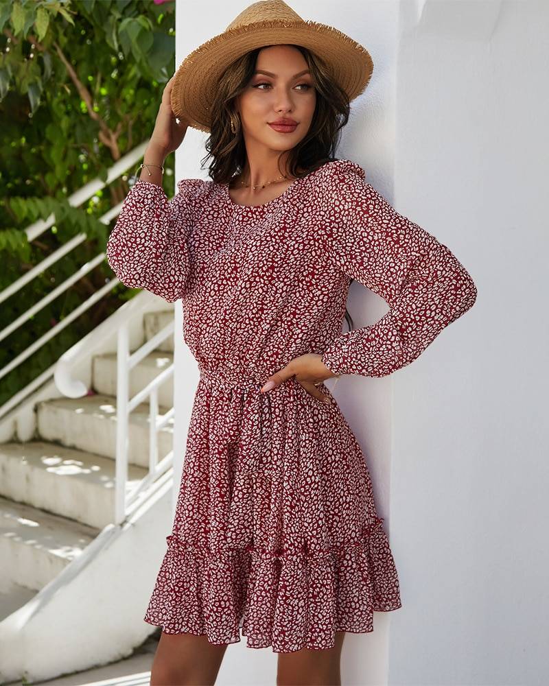 O-Neck Ruffles Flare Sleeve Lace Mesh Flower Embroidery Midi Dress in Dresses