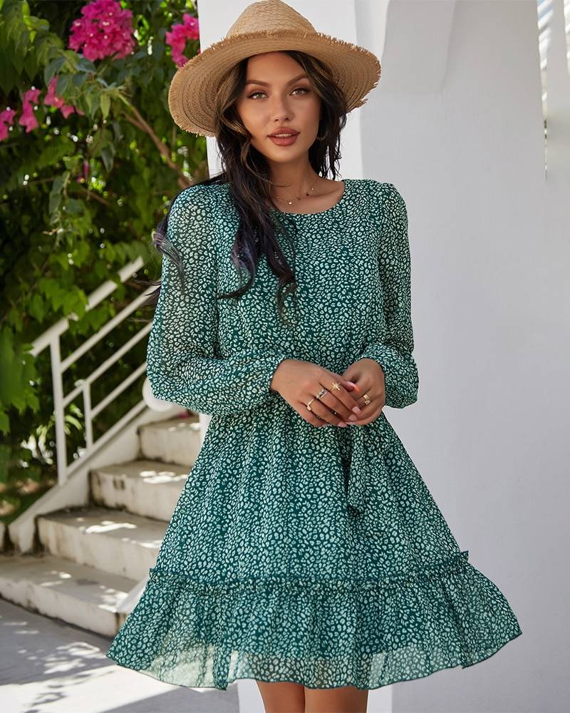 O-Neck Ruffles Flare Sleeve Lace Mesh Flower Embroidery Midi Dress in Dresses