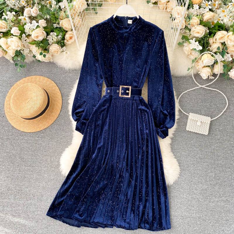 Elegant Patchwork Long Sleeve Vintage Velvet With Belt Pleated Dress - Dresses - Uniqistic.com