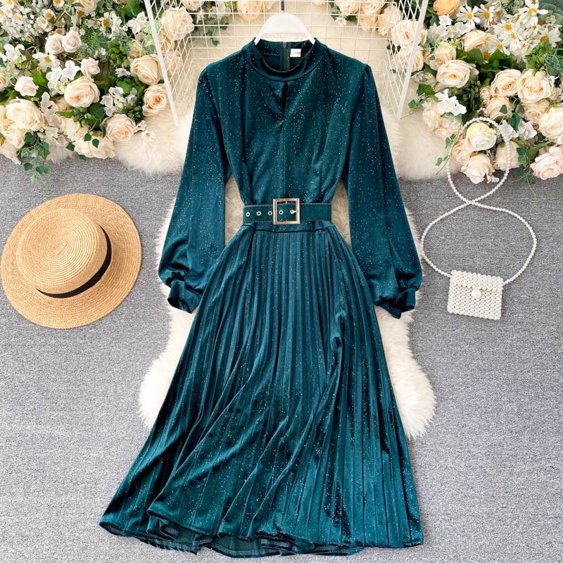 Elegant Patchwork Long Sleeve Vintage Velvet With Belt Pleated Dress ...