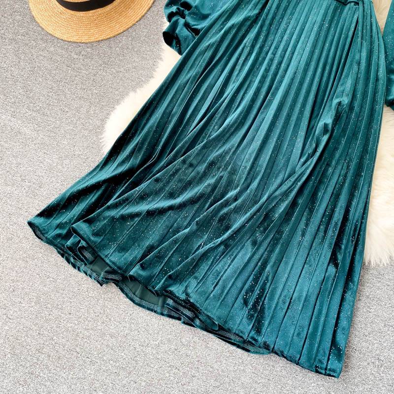 Elegant Patchwork Long Sleeve Vintage Velvet With Belt Pleated Dress - Dresses - Uniqistic.com