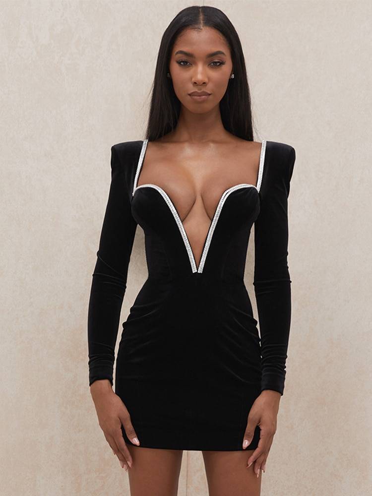 JillPeri Long Sleeve Sexy Deep V Neck Wired Diamante Crystal Padded Shoulder Bodycon Outfits Women Winter Velvet Party Dress