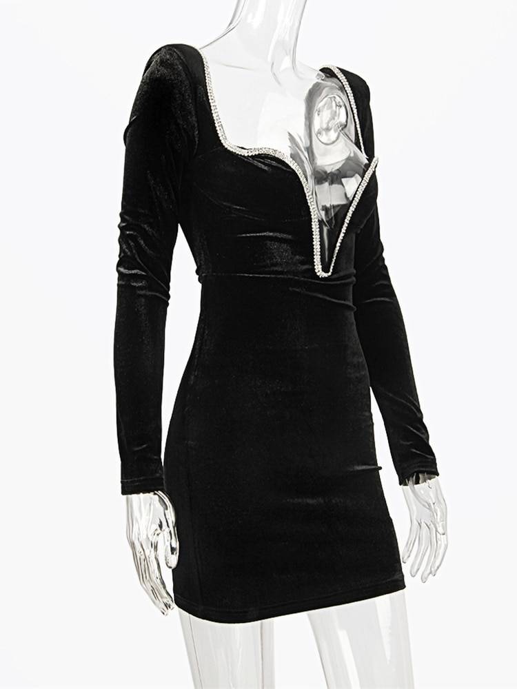 Long Sleeve Deep V Neck Crystal Padded Shoulder Bodycon Velvet Dress in Bodycon Dress