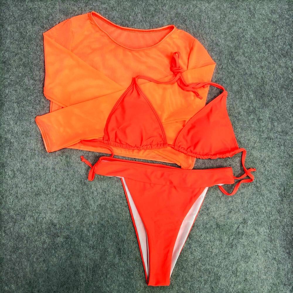 Neon Yellow Mesh Long Sleeve Cover Up Top Three Piece Swimsuit Bikini Set - Swimsuits - Uniqistic.com