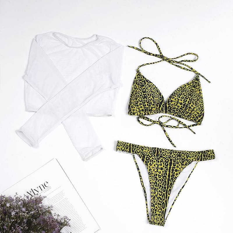 Neon Yellow Mesh Long Sleeve Cover Up Top Three Piece Swimsuit Bikini Set - Swimsuits - Uniqistic.com
