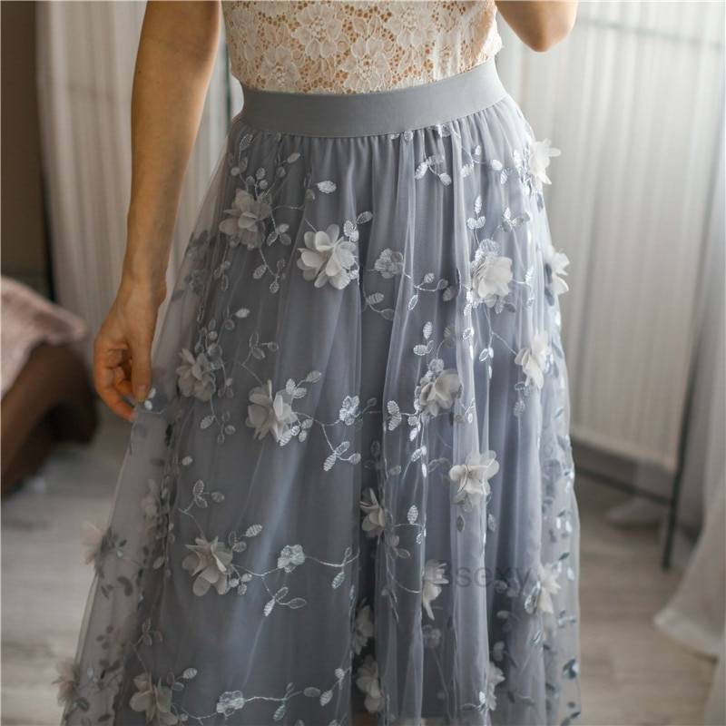 Luxury Woman Skirts 2020 Korean style Fashion Elastic Waist Appliques Embroidery Floral Mesh Skirt Long Gauze Ball Gown Skirt