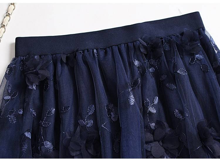 Luxury Woman Skirts 2020 Korean style Fashion Elastic Waist Appliques Embroidery Floral Mesh Skirt Long Gauze Ball Gown Skirt