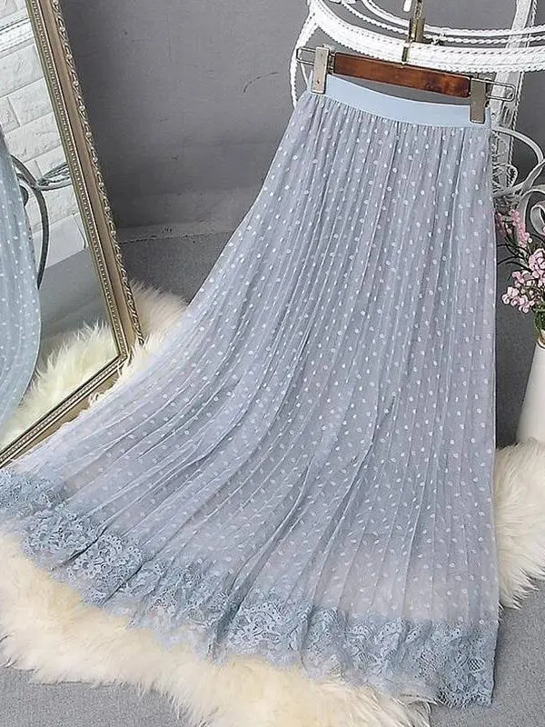 Elegant Lace Patchwork Mesh Elastic Waist Polka Dot Print Pleated Midi Skirt - Skirts - Uniqistic.com