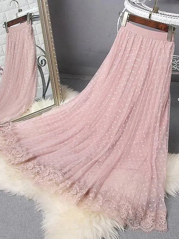 Elegant Lace Patchwork Mesh Elastic Waist Polka Dot Print Pleated Midi Skirt in Skirts