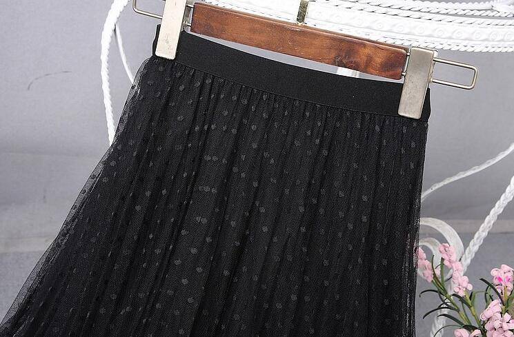 Elegant Lace Patchwork Mesh Elastic Waist Polka Dot Print Pleated Midi Skirt in Skirts