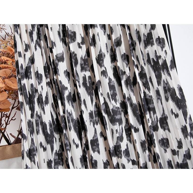 Elastic High Waist Chiffon Leopard Print Long Maxi Pleated Skirt in Skirts
