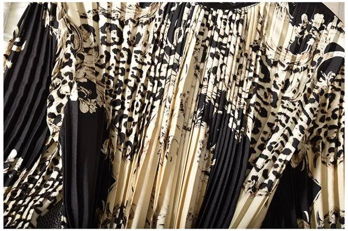 Elegant Vintage Full Sleeve Loose A-Line Printed Leopard Pleated Dress - Dresses - Uniqistic.com