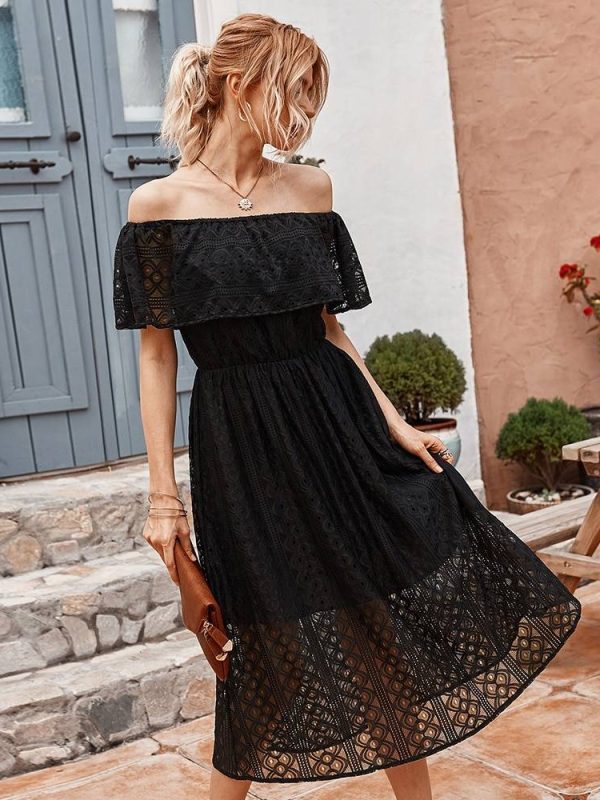 Elegant Slash Neck Hollow Midi Black Dress in Dresses