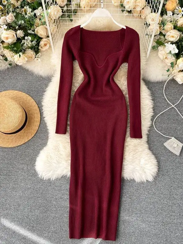 Strapless Ribbed Knitted Long Sleeve Midi Sweater Dress - Bodycon Dress - Uniqistic.com