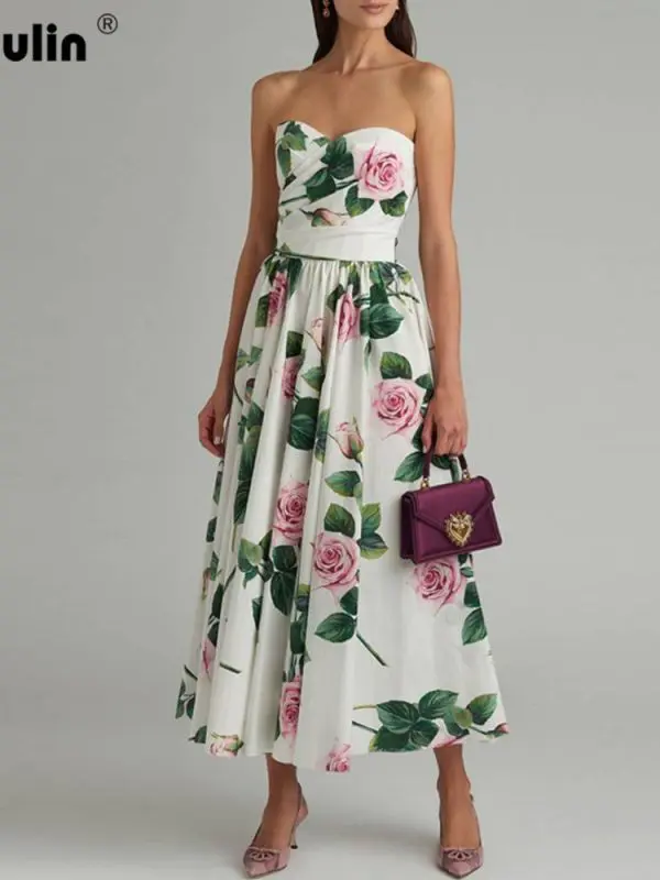 Elegant Strapless Floral Printed Midi Dress in Dresses