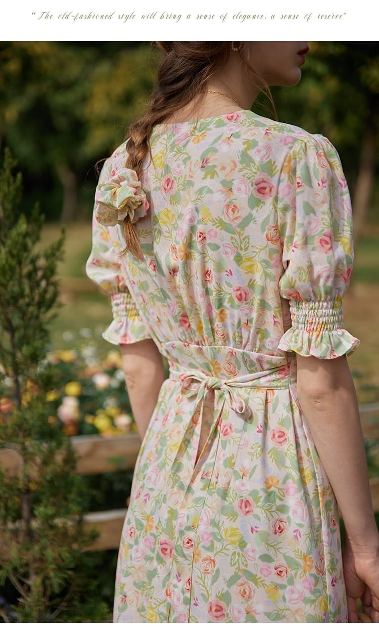 Elegant Floral Print Puff Sleeve V-Neck Vintage Dress - Boho Dresses - Uniqistic.com