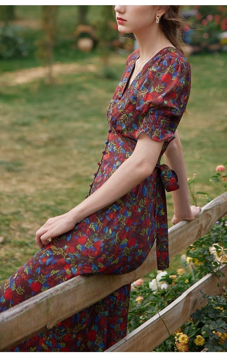 Elegant Floral Print Puff Sleeve V-Neck Vintage Dress - Boho Dresses - Uniqistic.com
