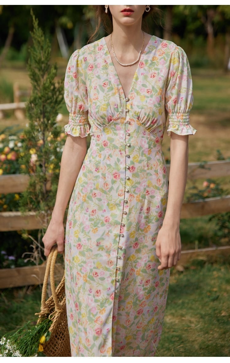Elegant Floral Print Puff Sleeve V-Neck Vintage Dress | Uniqistic.com