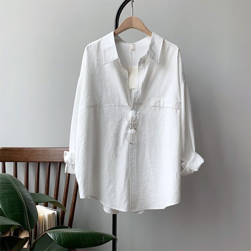 Turn-Down Collar Loose White Shirt in Blouses & Shirts