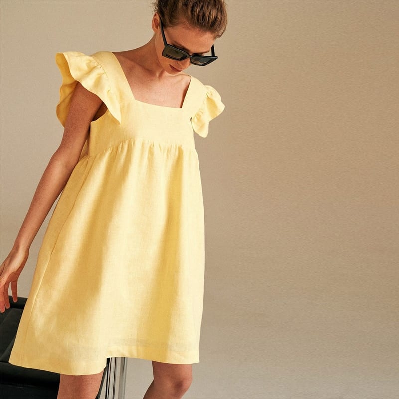 Square Collar Butterfly Sleeve Backless High Waist Loose Linen Dress in Dresses
