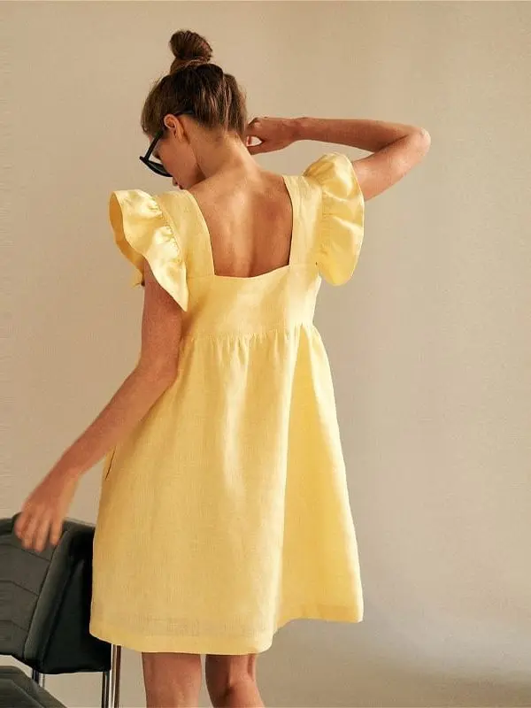 Square Collar Butterfly Sleeve Backless High Waist Loose Linen Dress - Dresses - Uniqistic.com
