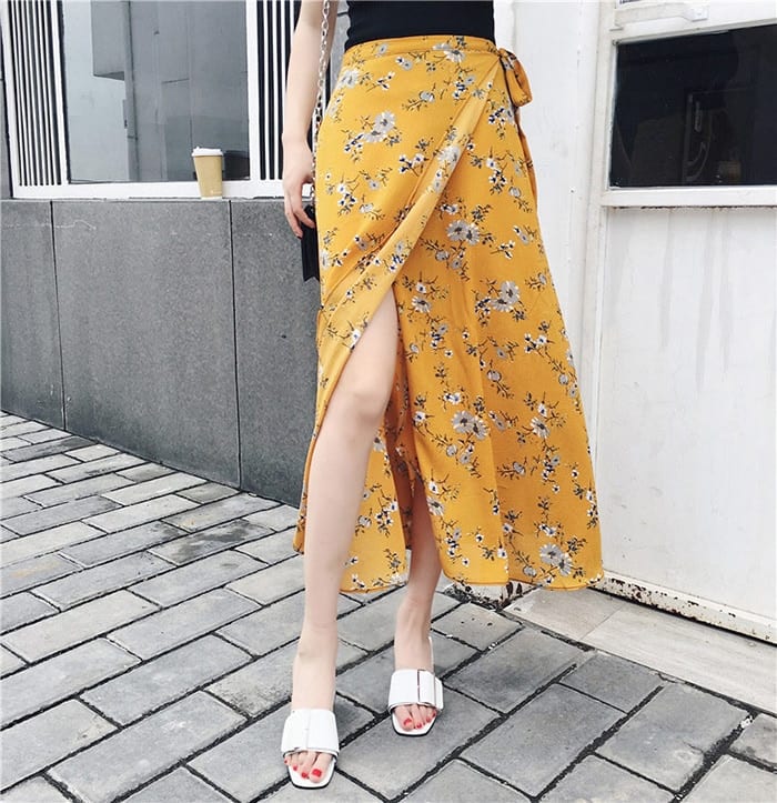 Boho High Waist Floral Print Asymmetrical Chiffon Maxi Skirt in Skirts