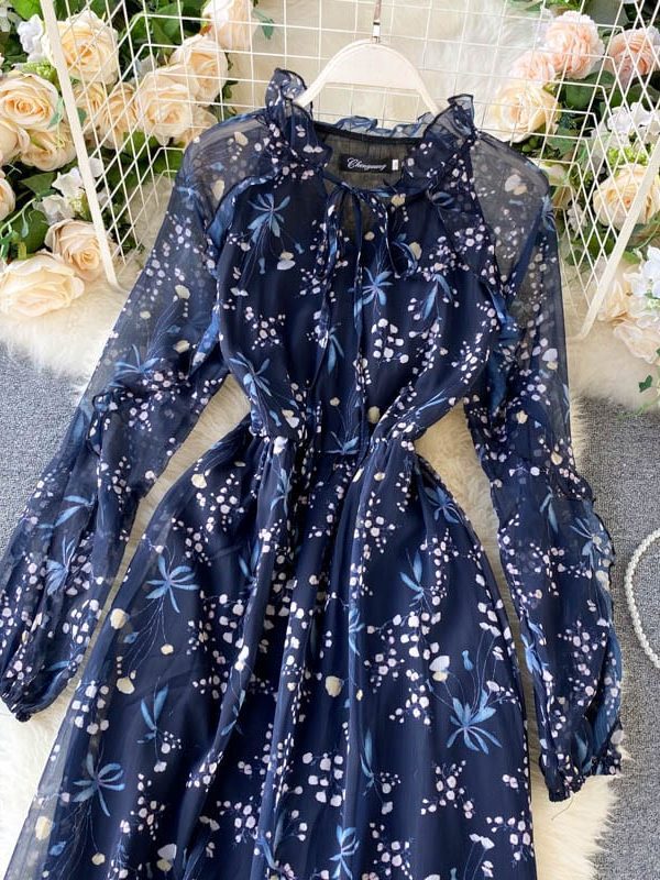 Elegant Puff Sleeve Ruffles Hem Lace Up O Neck High Waist Blue Print Dress in Dresses