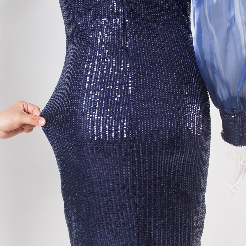 Navy Blue Sequined Long Balloon Sleeves Hollow Out O Neck Short Pencil Midi Dress in Dresses