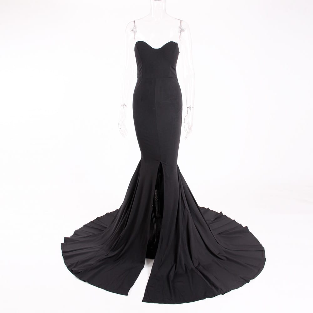 Strapless Black Front Slit Bare Shoulder Evening Summer Night Maxi Dress in Evening Dresses