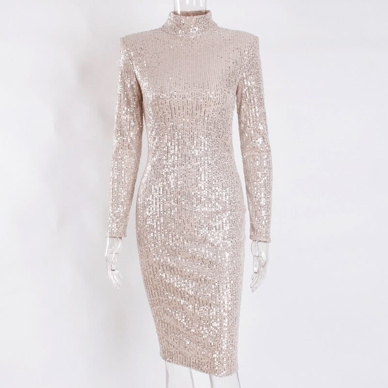 Elegant Sequined High Collar Long Sleeve Bodycon Tight Stretch Knee ...