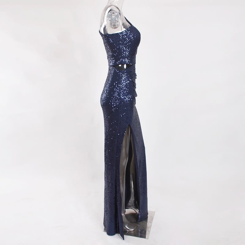 One Shoulder Silver Navy Sequin Hollow Out Split Leg Floor Length Bydocon Long Dress in Dresses