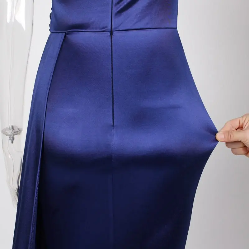 Royal blue green one shoulder padded draped satin evening dress with ribbon