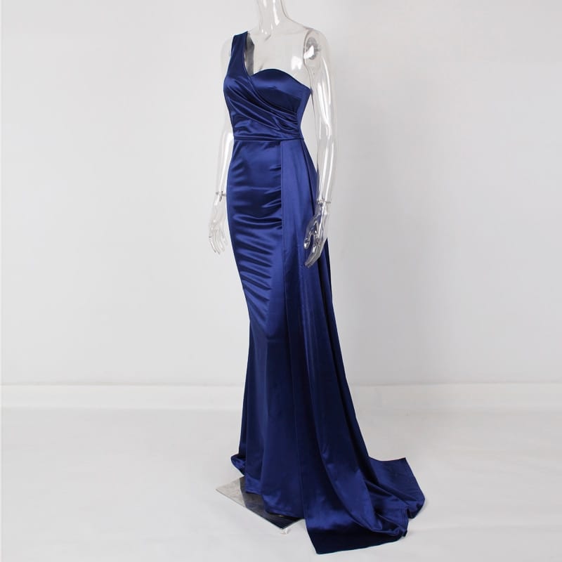 Royal blue green one shoulder padded draped satin evening dress with ribbon