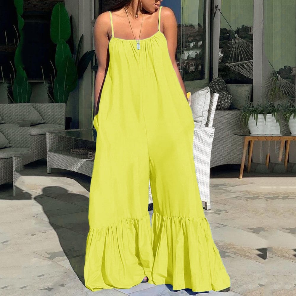 2021 New Loose Jumpsuits For Women Blue Spaghetti Strap Flare Pants Fashion High Street Wear Clothes Long Rompers & Jumpsuits